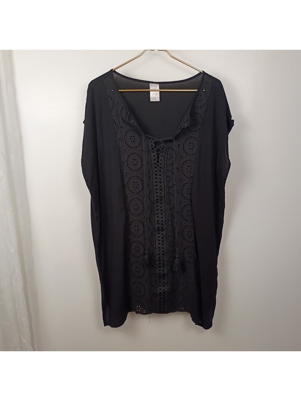Kona Sol Eyelet Tie-Front Black 100% Cotton Beach Cover-Up L Pullover